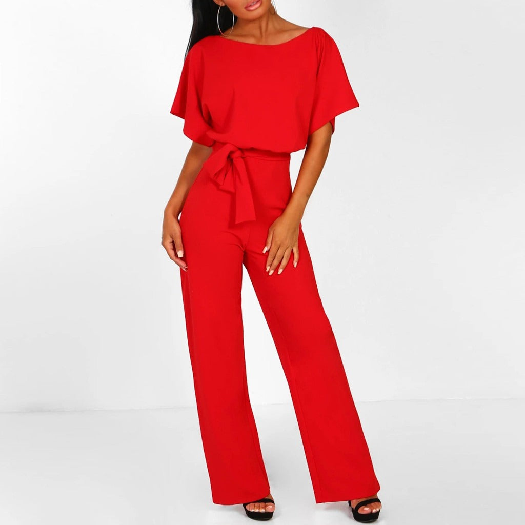 Women's Wide Leg Jumpsuit Belted Short Sleeve