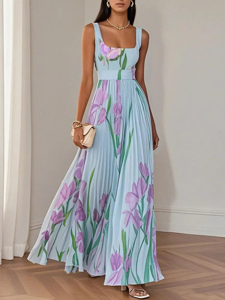 Women's Square Neck Pleated Maxi Dress