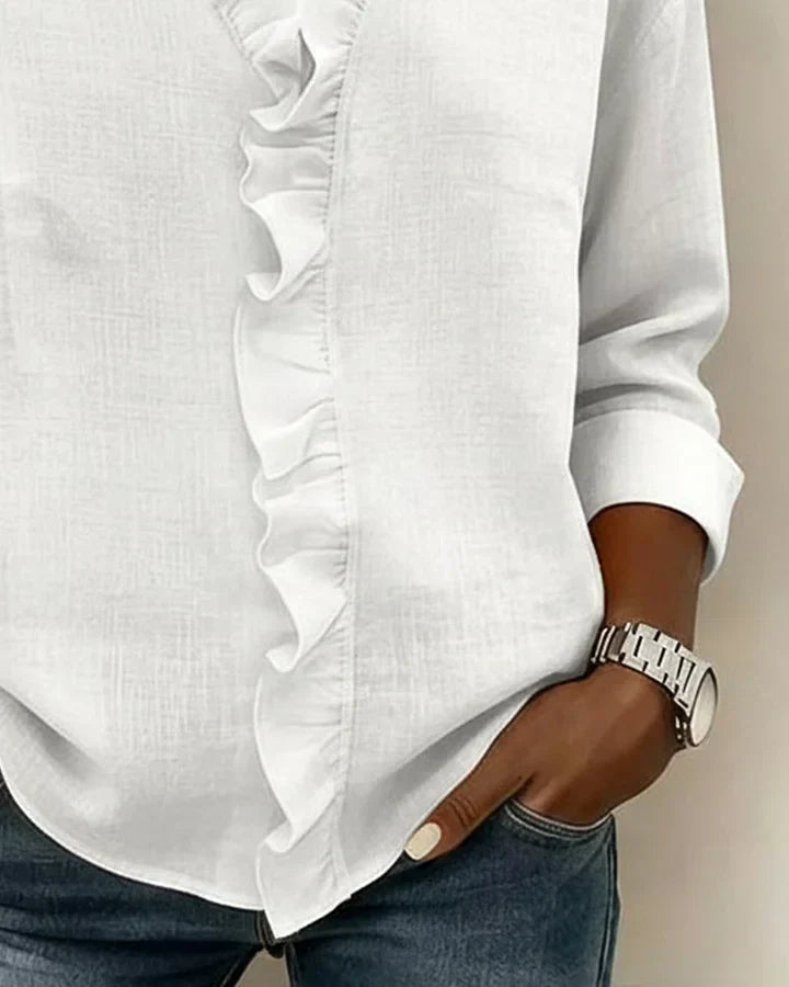 Women's V-Neck Long Sleeve Blouse with Ruffle Trim