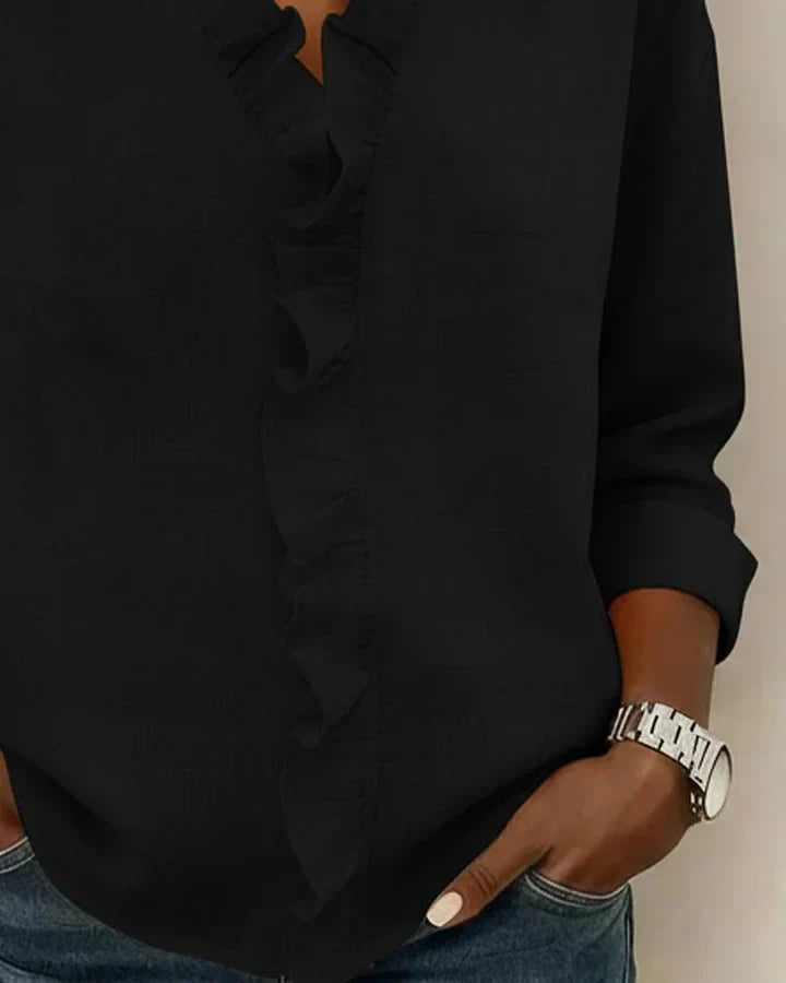 Women's V-Neck Long Sleeve Blouse with Ruffle Trim