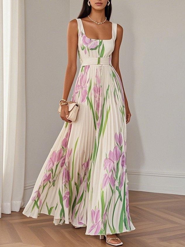 Women's Square Neck Pleated Maxi Dress