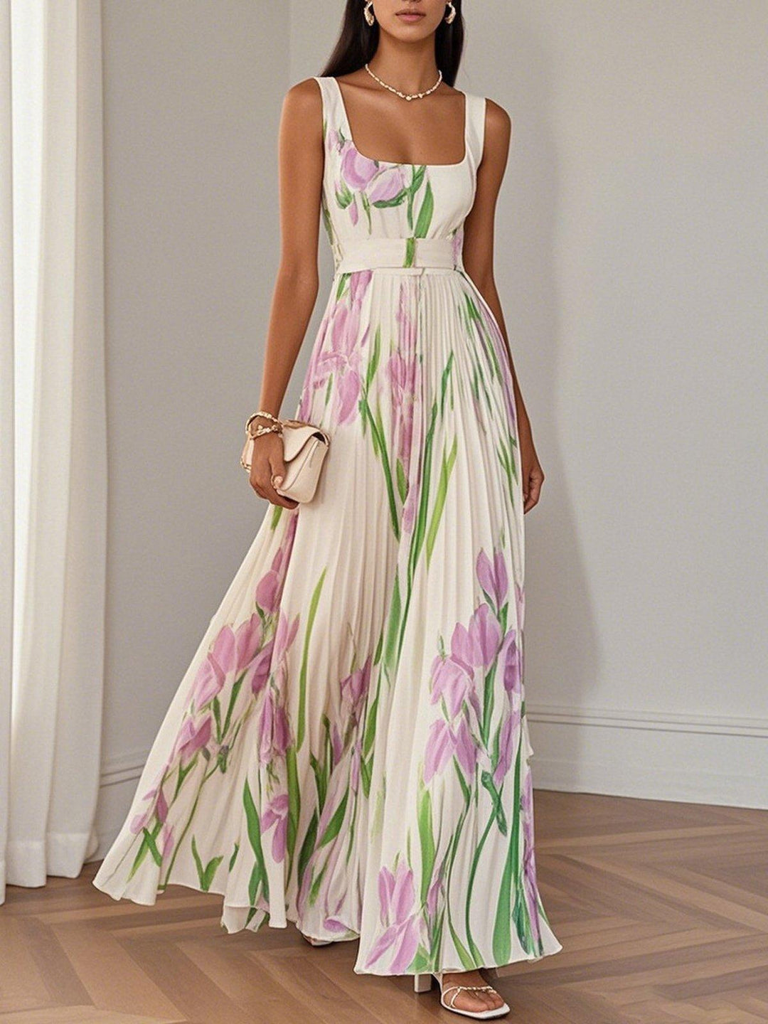 Women's Square Neck Pleated Maxi Dress