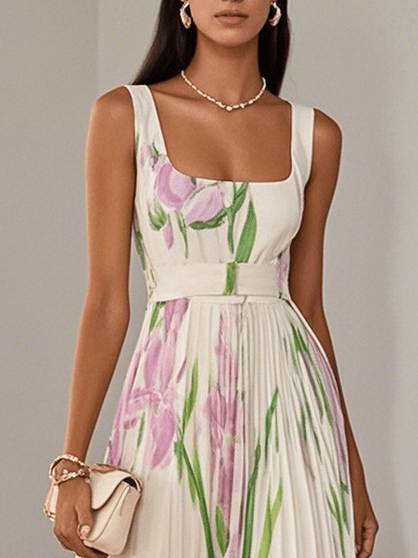 Women's Square Neck Pleated Maxi Dress