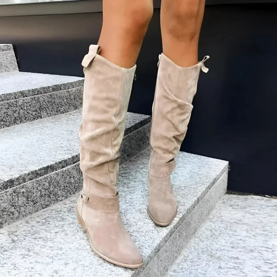 Melisande | Women's Knee High Slouch Boots with Low Block Heel