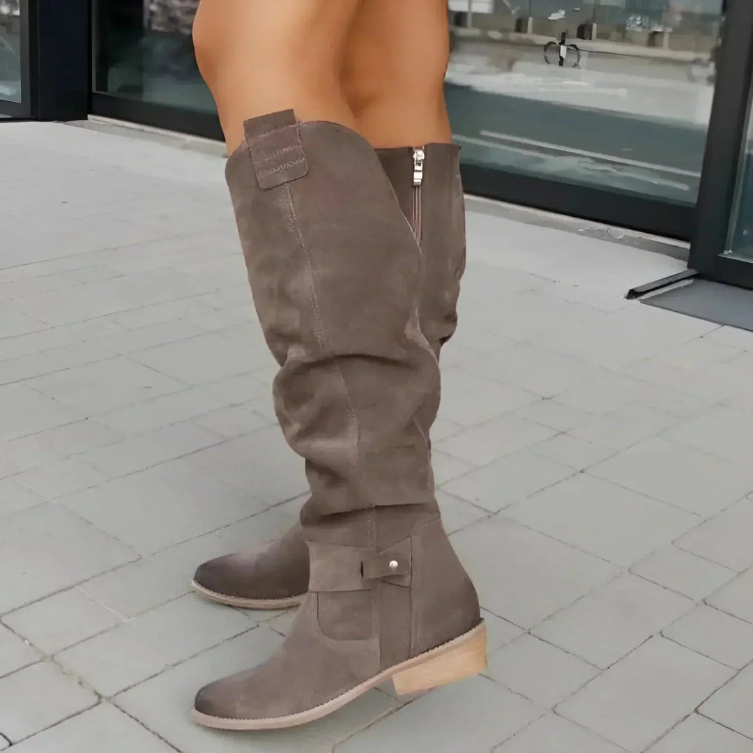 Melisande | Women's Knee High Slouch Boots with Low Block Heel