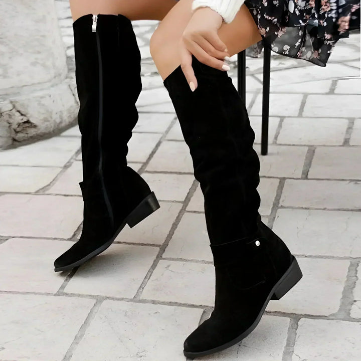 Melisande | Women's Knee High Slouch Boots with Low Block Heel