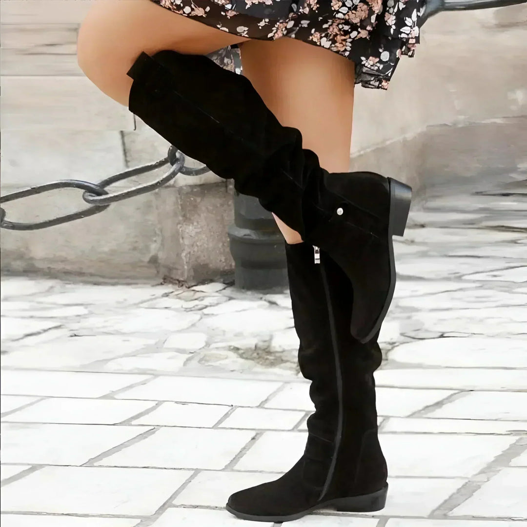 Melisande | Women's Knee High Slouch Boots with Low Block Heel