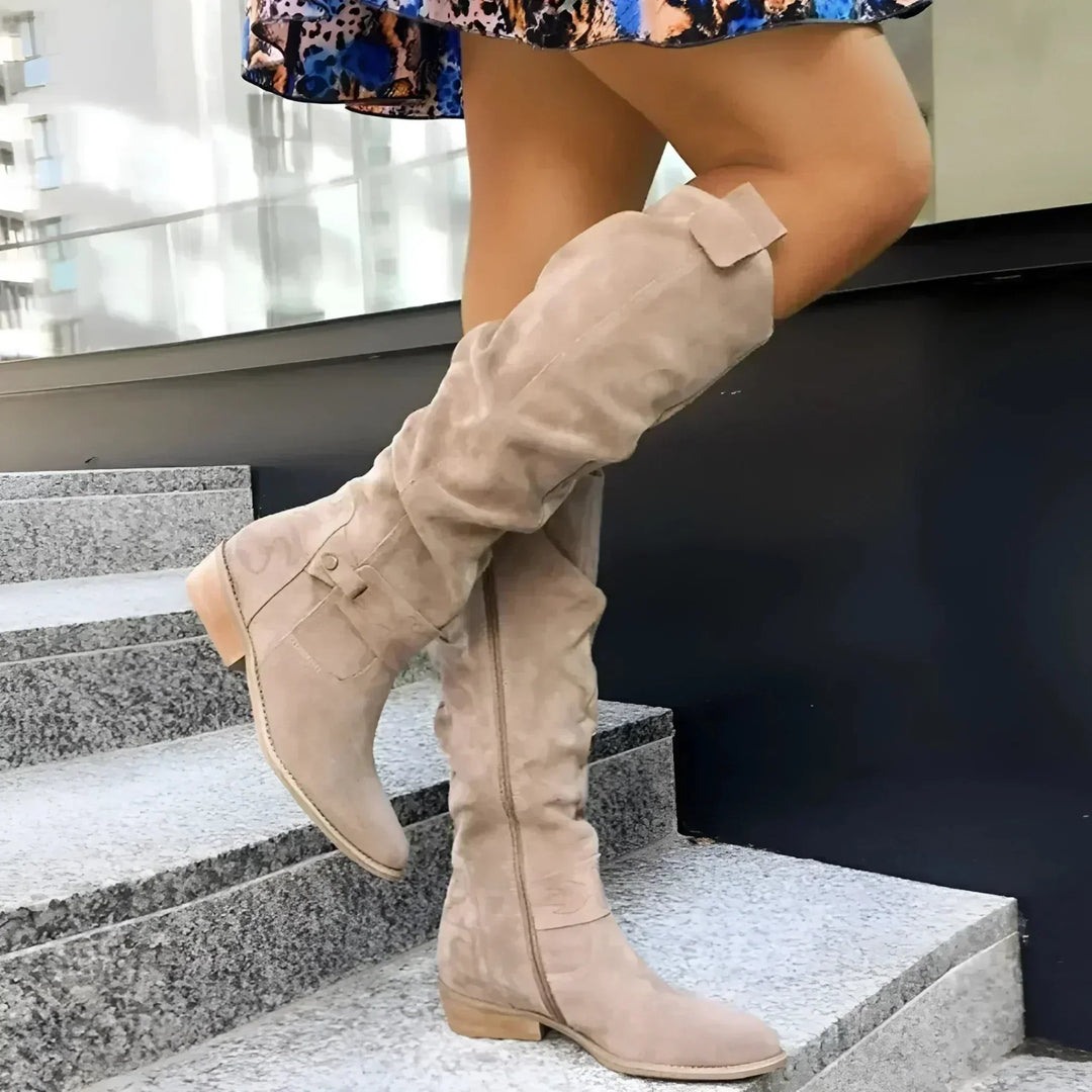 Melisande | Women's Knee High Slouch Boots with Low Block Heel