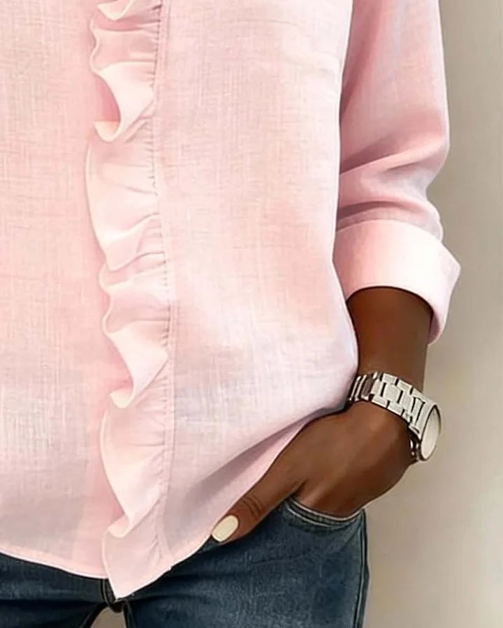 Women's V-Neck Long Sleeve Blouse with Ruffle Trim