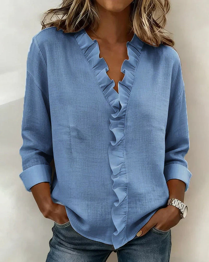 Women's V-Neck Long Sleeve Blouse with Ruffle Trim