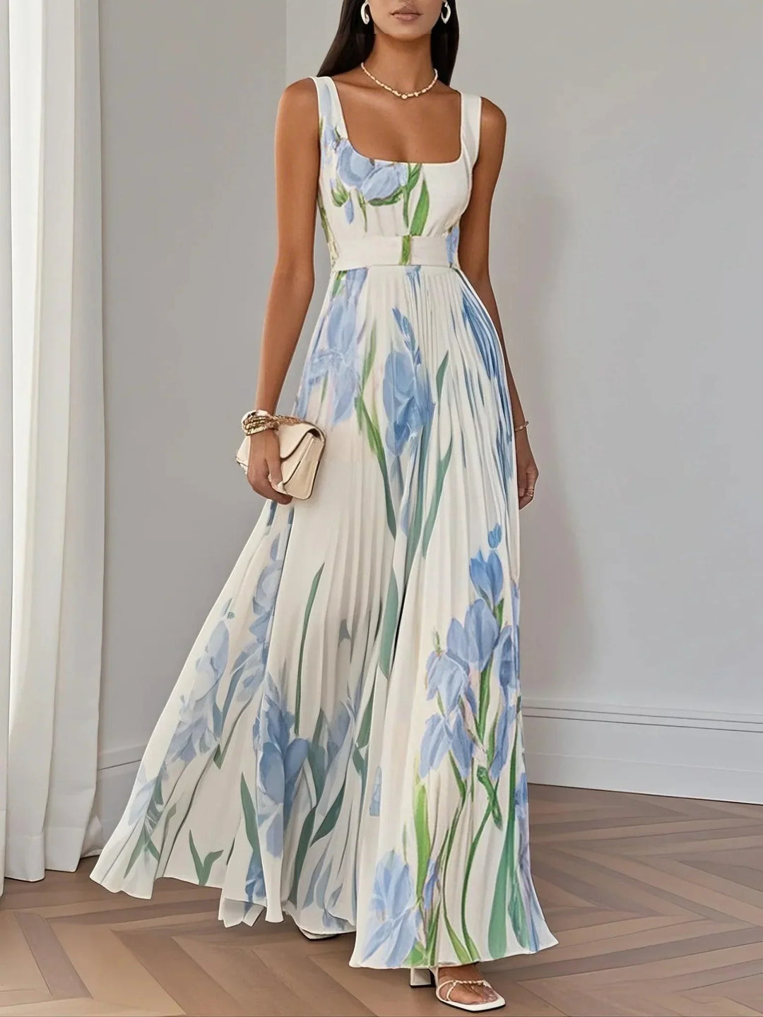 Women's Square Neck Pleated Maxi Dress