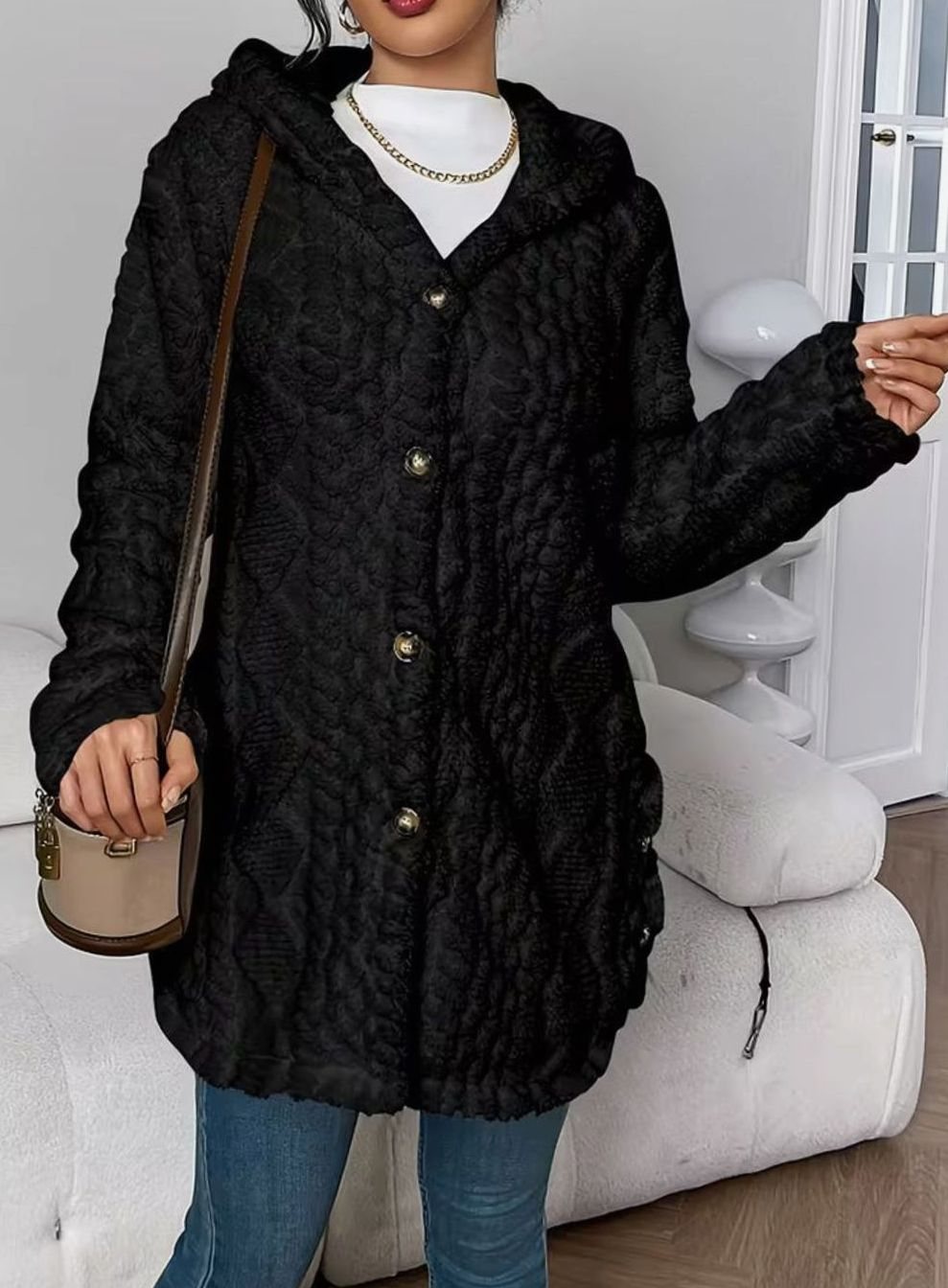 Perdita | Women's Textured Hooded Button-Up Jacket