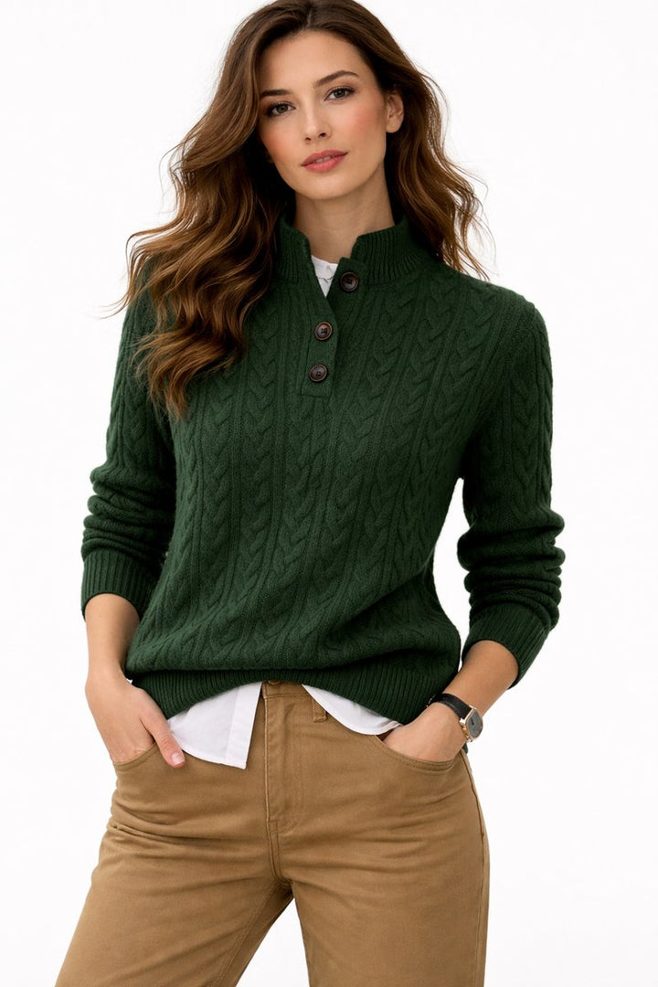Clodagh | Women's Wool-Blend Cable Knit Button Neck Jumper