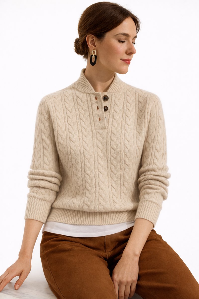 Clodagh | Women's Wool-Blend Cable Knit Button Neck Jumper