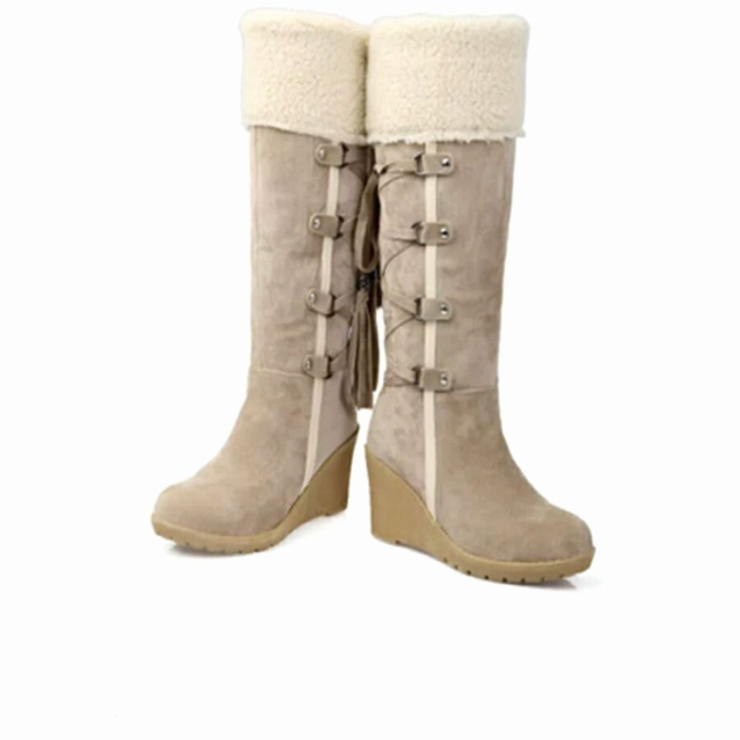 Avelora | Women's Faux Fur Cuff Lace-Up Wedge Winter Boots