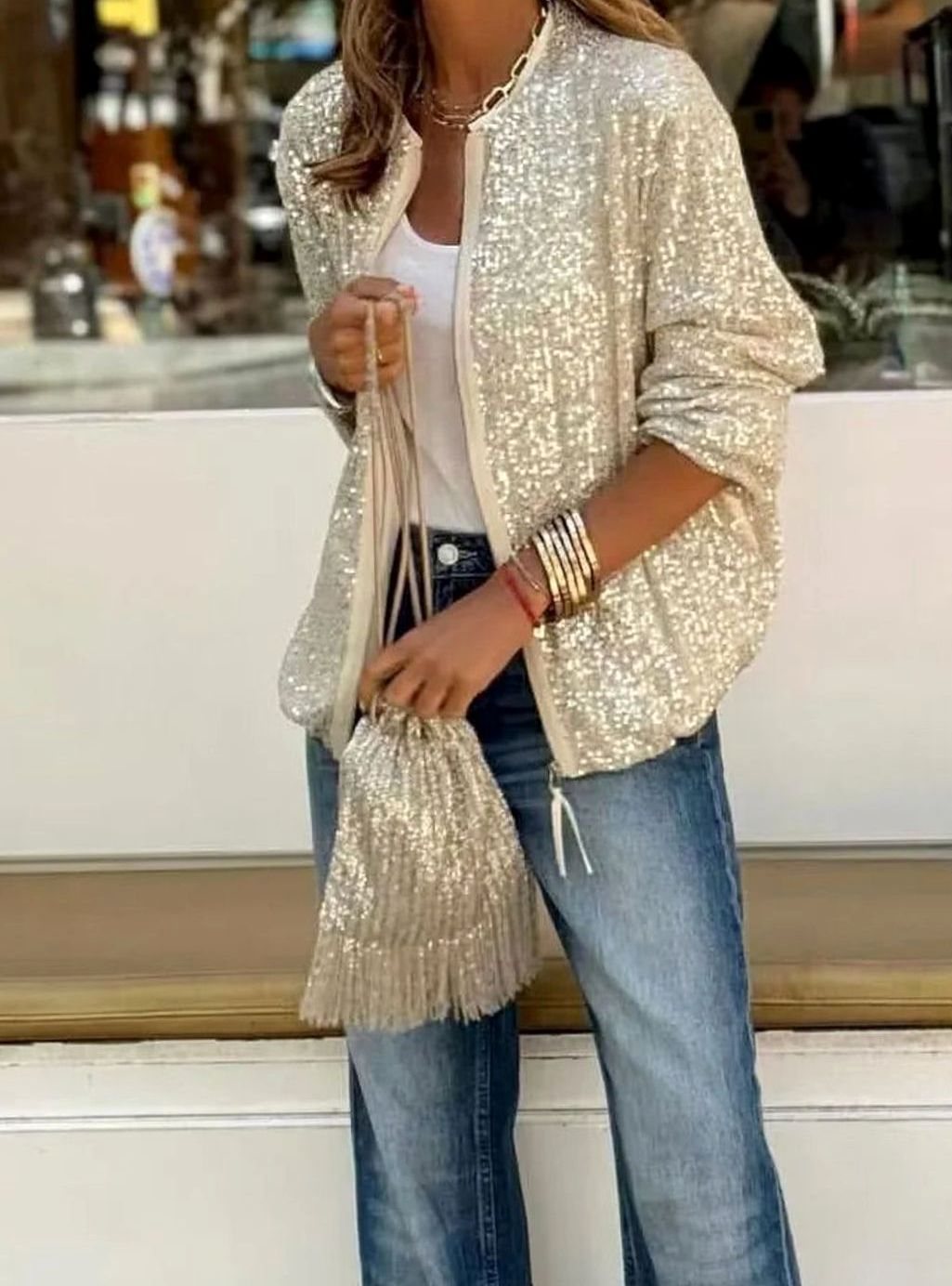 Inga | Women's Sequin Zip-Up Bomber Jacket