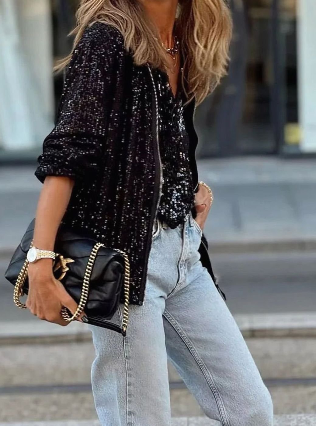 Inga | Women's Sequin Zip-Up Bomber Jacket