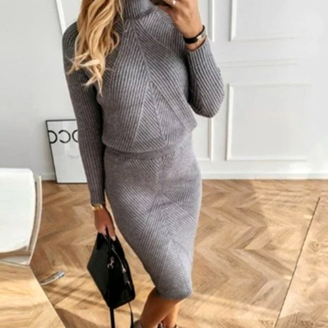 Elspina | Women's Roll Neck Long Sleeve Knitted Midi Jumper Dress