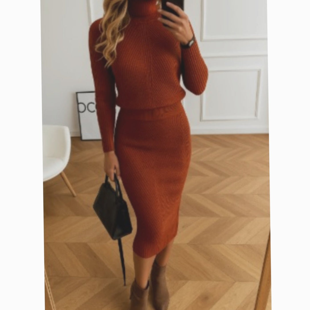Elspina | Women's Roll Neck Long Sleeve Knitted Midi Jumper Dress