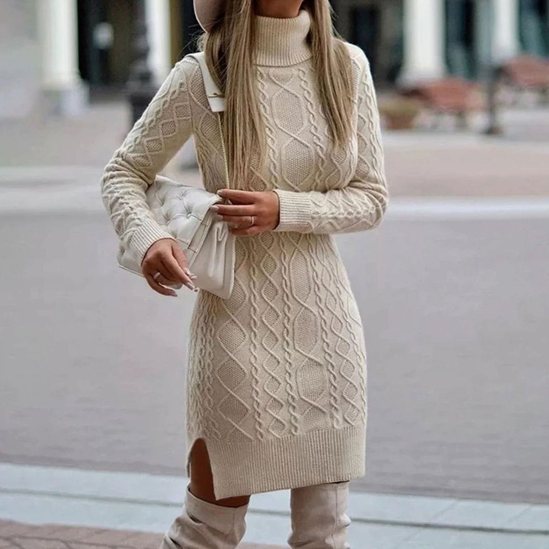 Daphne | Women's Cable Knit Roll Neck Midi Dress
