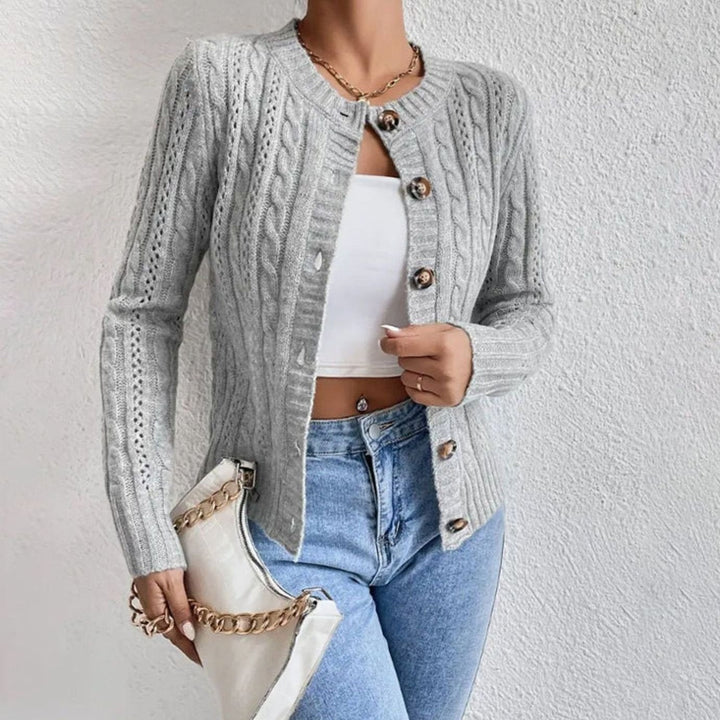 Eiriana | Women's Cable Knit Crew Neck Button-Up Cardigan