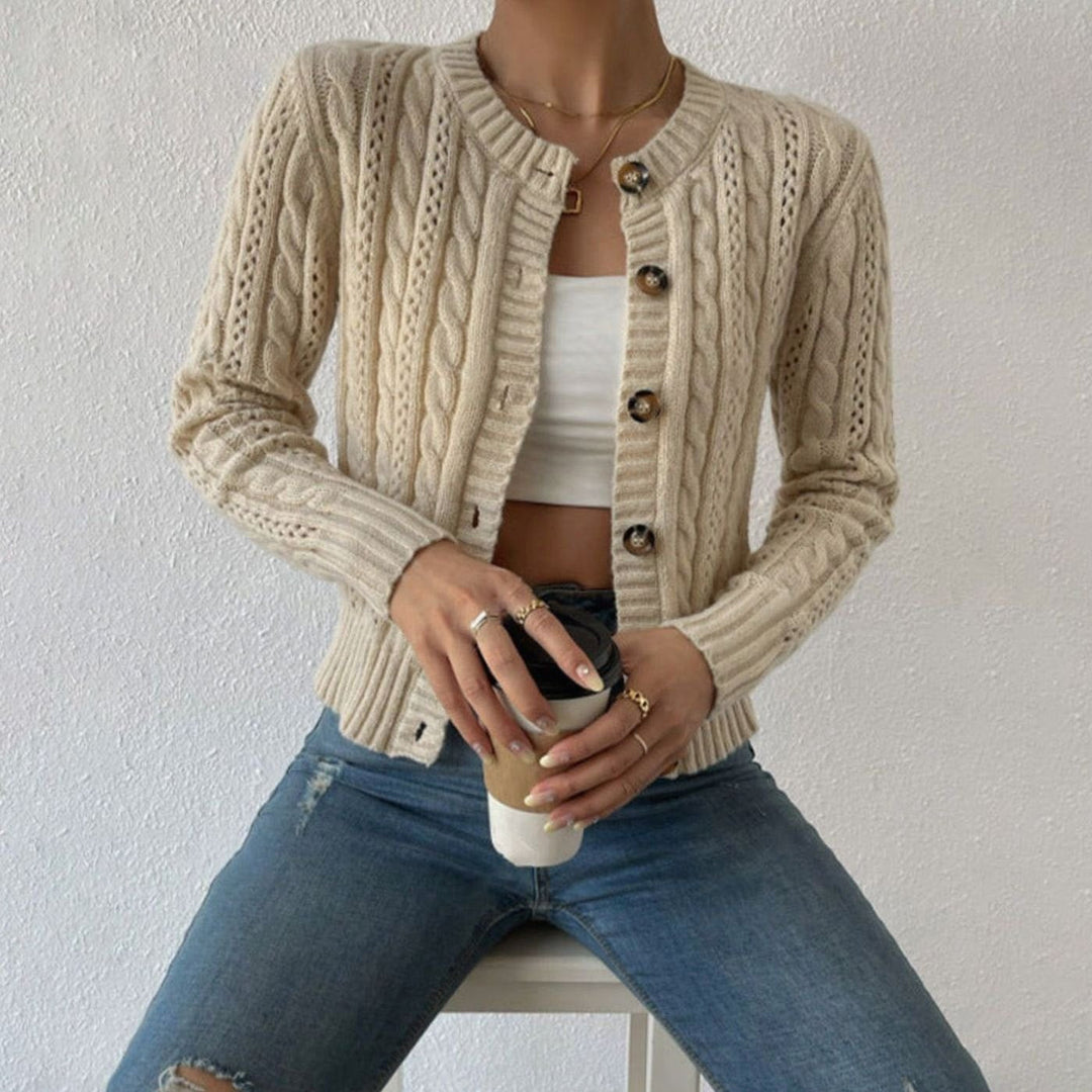 Eiriana | Women's Cable Knit Crew Neck Button-Up Cardigan