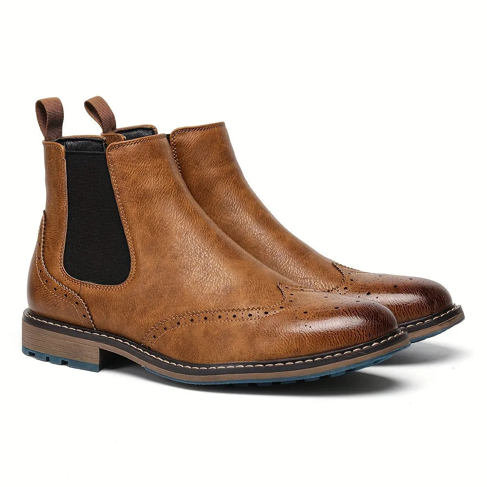 Ferdie | Men's Brogue Chelsea Ankle Boots with Low Block Heel