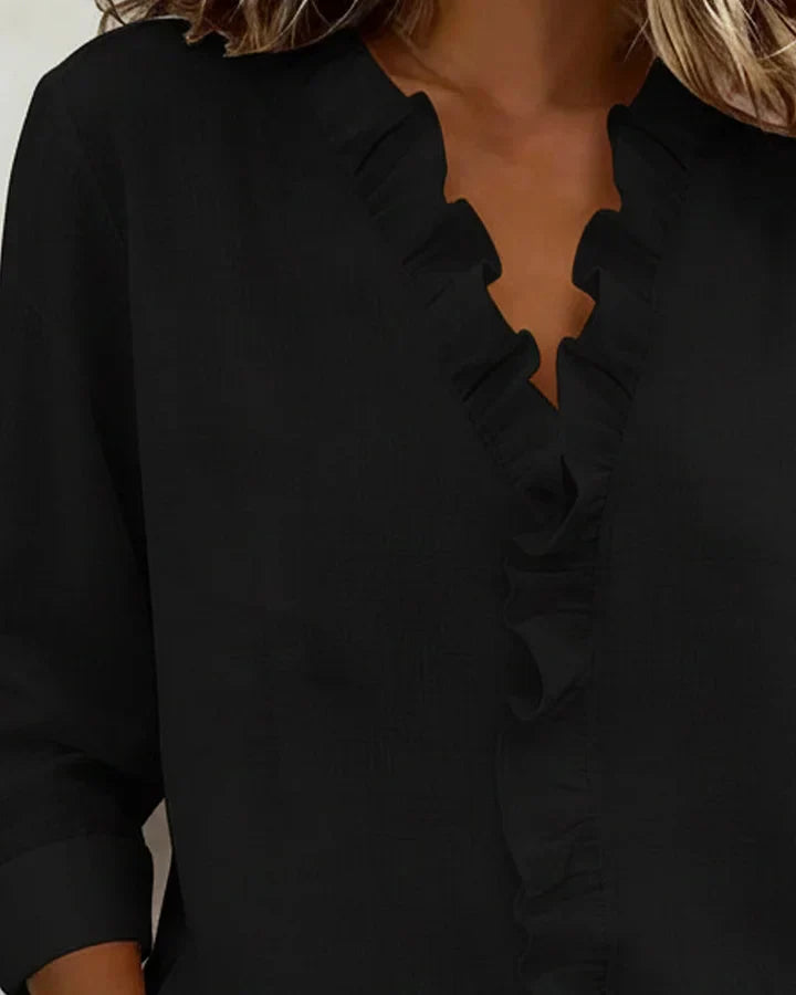 Women's V-Neck Long Sleeve Blouse with Ruffle Trim