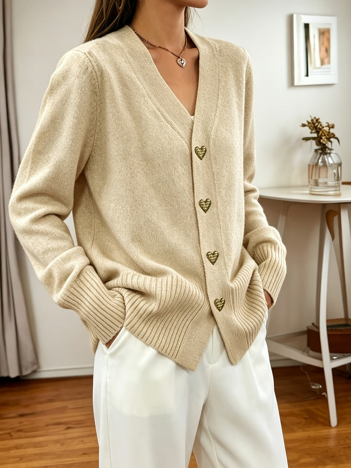 Fleur | Women's V-Neck Knit Cardigan with Heart-Shaped Buttons