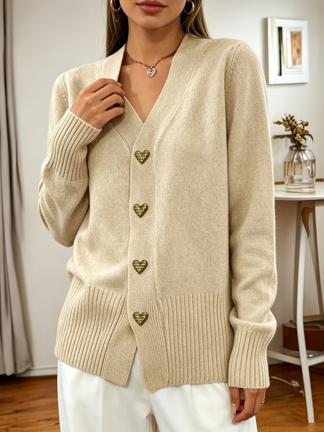 Fleur | Women's V-Neck Knit Cardigan with Heart-Shaped Buttons