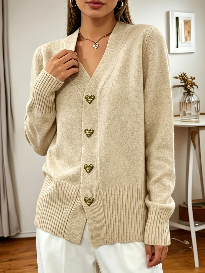 Fleur | Women's V-Neck Knit Cardigan with Heart-Shaped Buttons