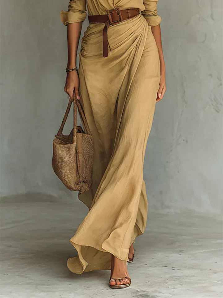 Women's Wrap Maxi Dress Lapel Collar Belted Long Sleeve
