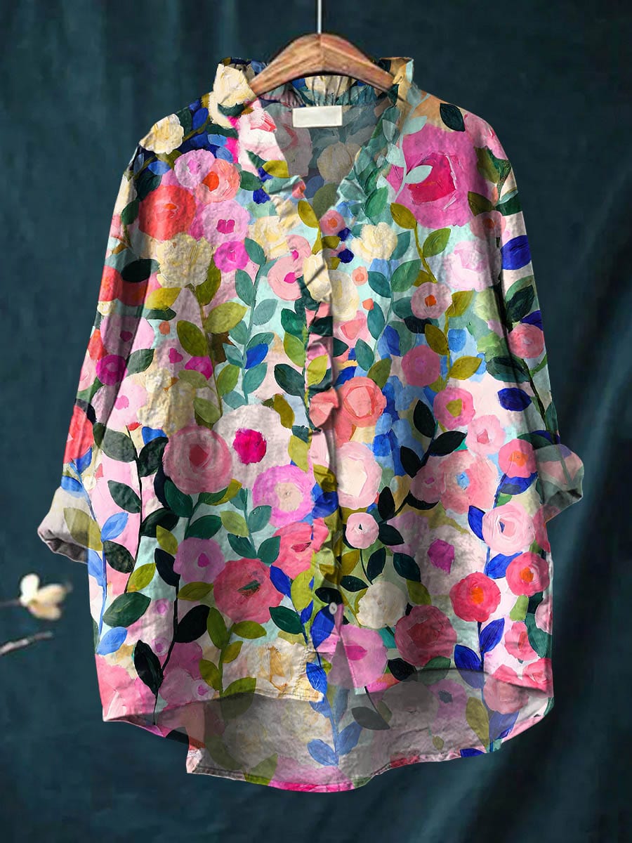 Women's Floral Ruffle Neckline Blouse