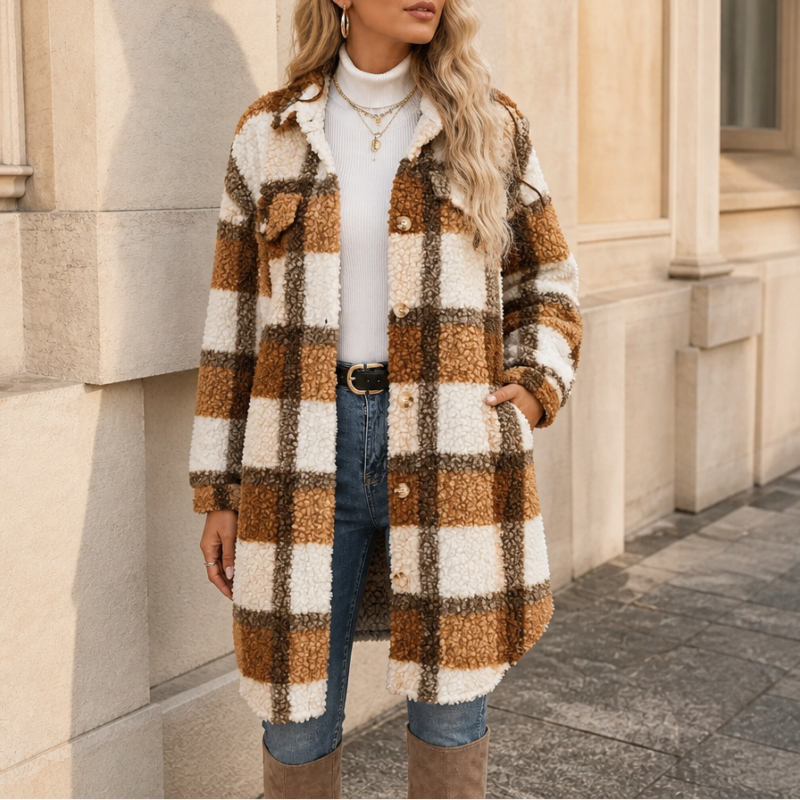 Aderyn | Women's Checked Sherpa Mid-Length Shacket Coat