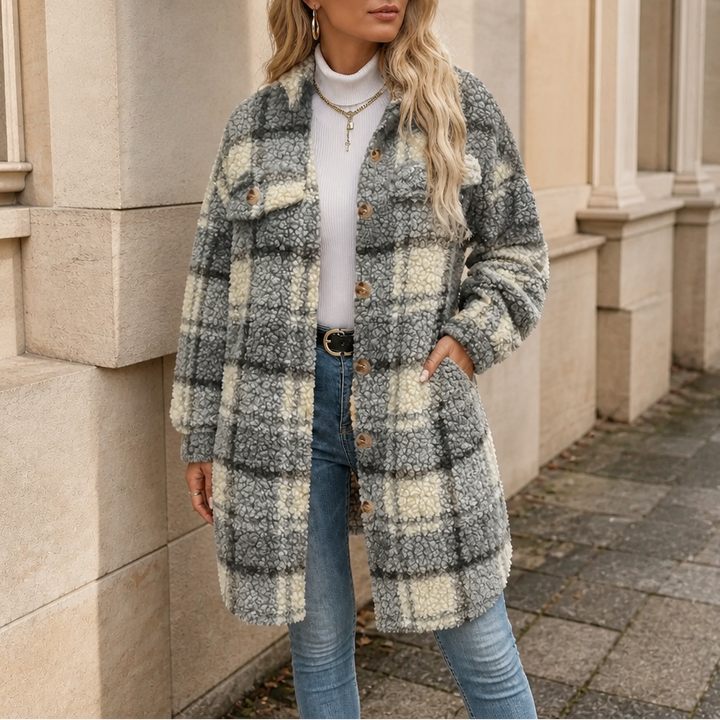 Aderyn | Women's Checked Sherpa Mid-Length Shacket Coat