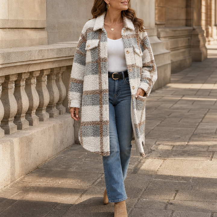 Aderyn | Women's Checked Sherpa Mid-Length Shacket Coat