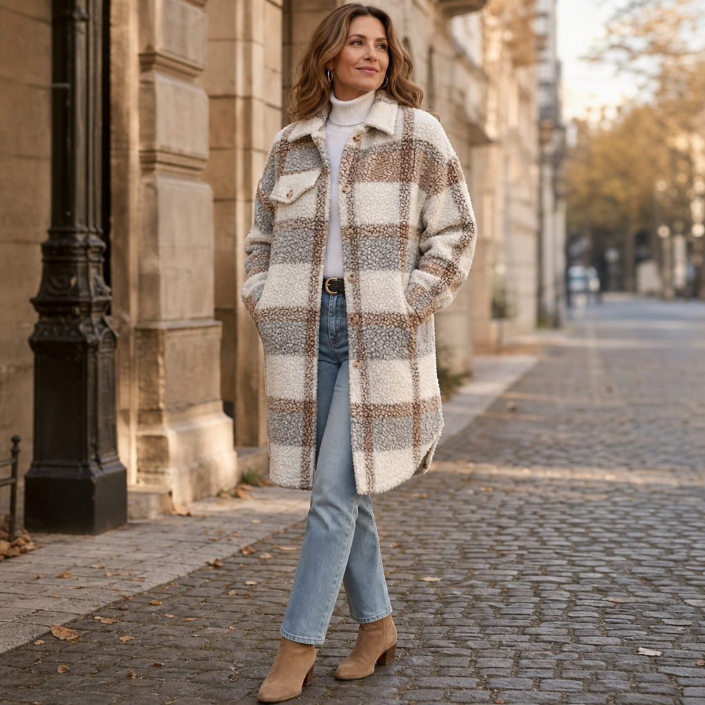Aderyn | Women's Checked Sherpa Mid-Length Shacket Coat