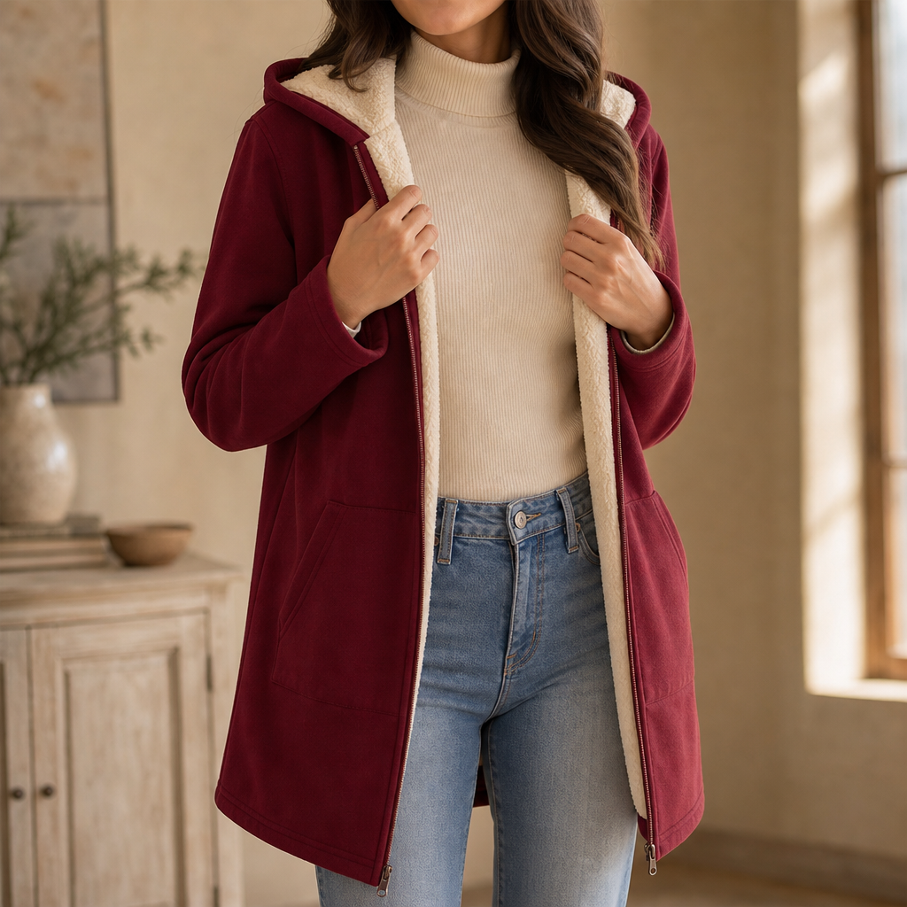 Ceri | Women's Fleece-Lined Hooded Mid-Length Zip Jacket