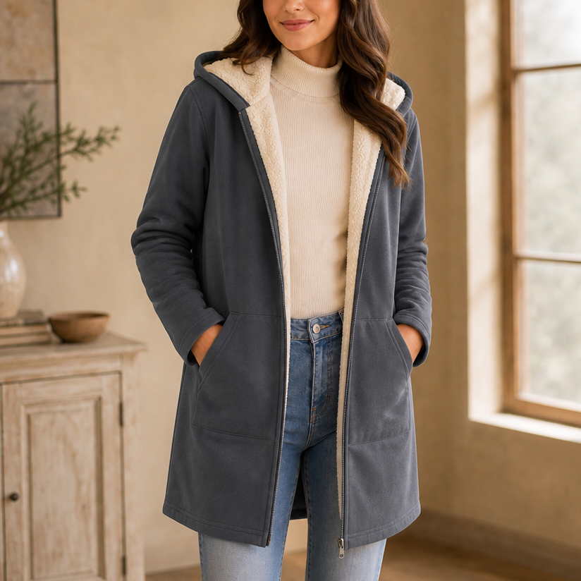 Ceri | Women's Fleece-Lined Hooded Mid-Length Zip Jacket