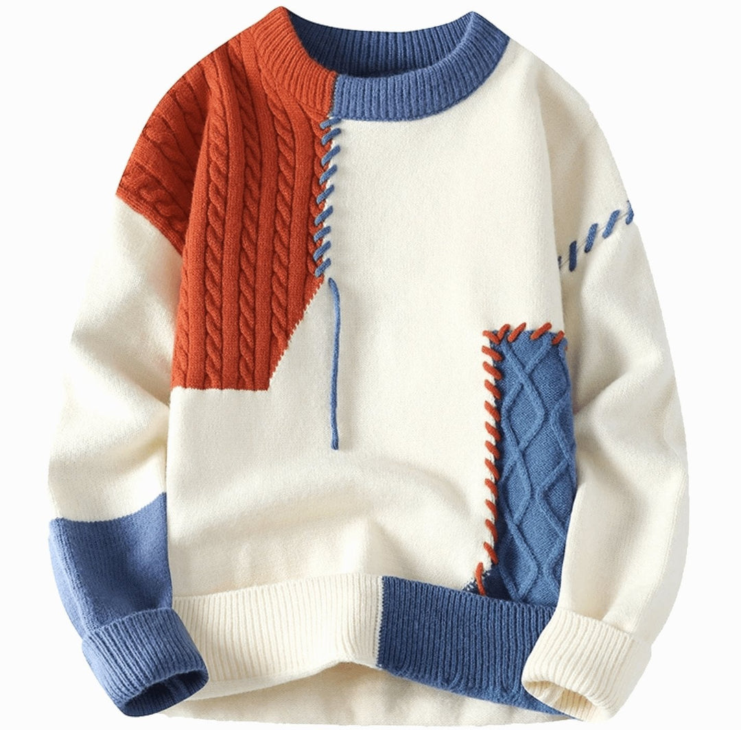 Cyril | Men's Colour Block Patchwork Cable Knit Crew Neck Jumper