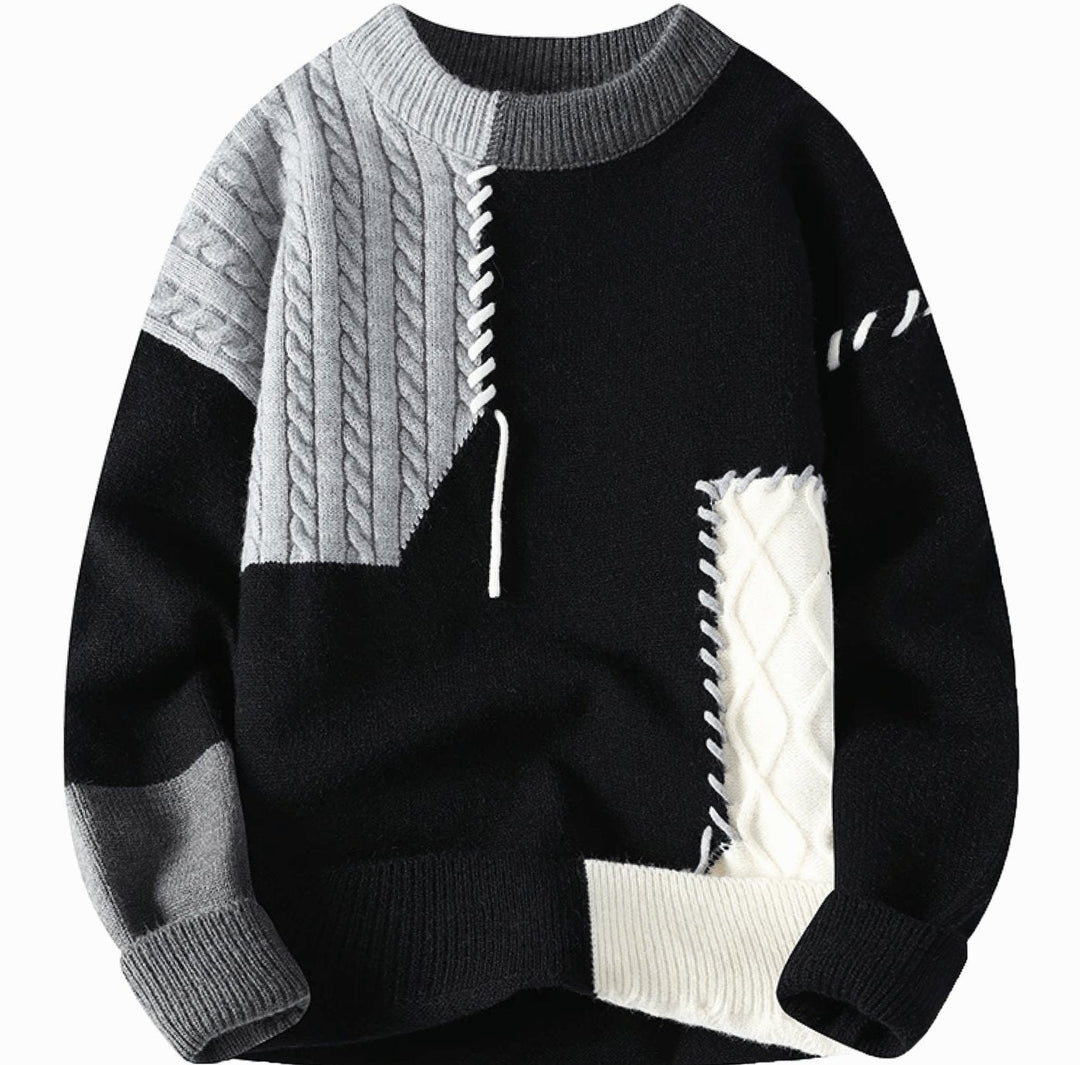 Cyril | Men's Colour Block Patchwork Cable Knit Crew Neck Jumper