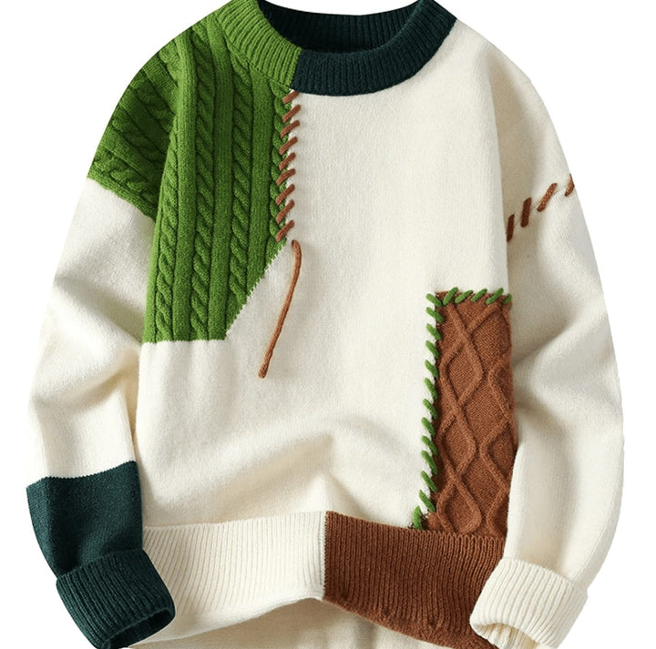 Cyril | Men's Colour Block Patchwork Cable Knit Crew Neck Jumper