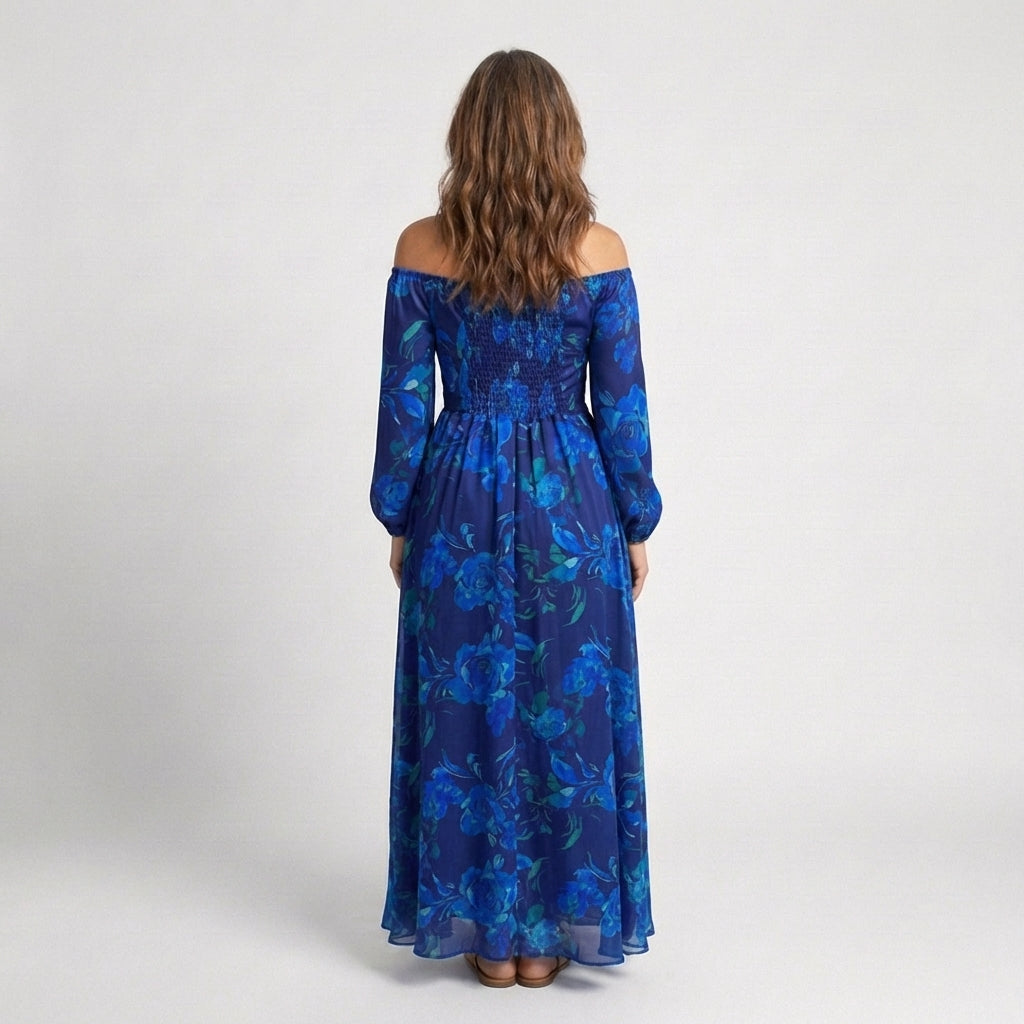 Women's Off Shoulder Maxi Dress Long Sleeve Belted