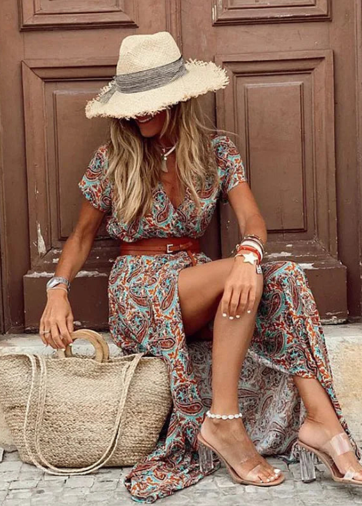 Women's Belted Boho Maxi Dress