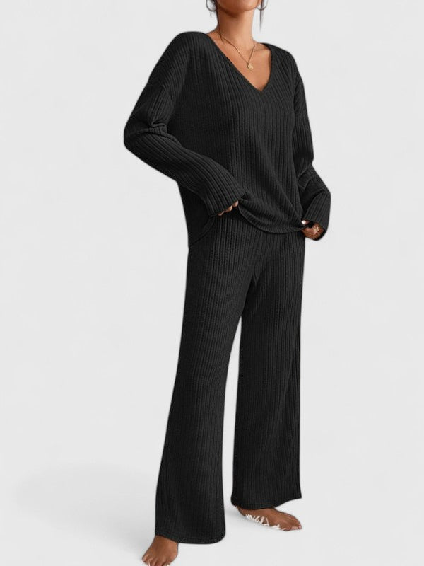 Oona | Women's Ribbed Knit V-Neck Top and Wide-Leg Loungewear Set