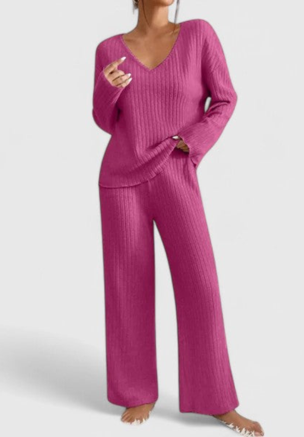 Oona | Women's Ribbed Knit V-Neck Top and Wide-Leg Loungewear Set