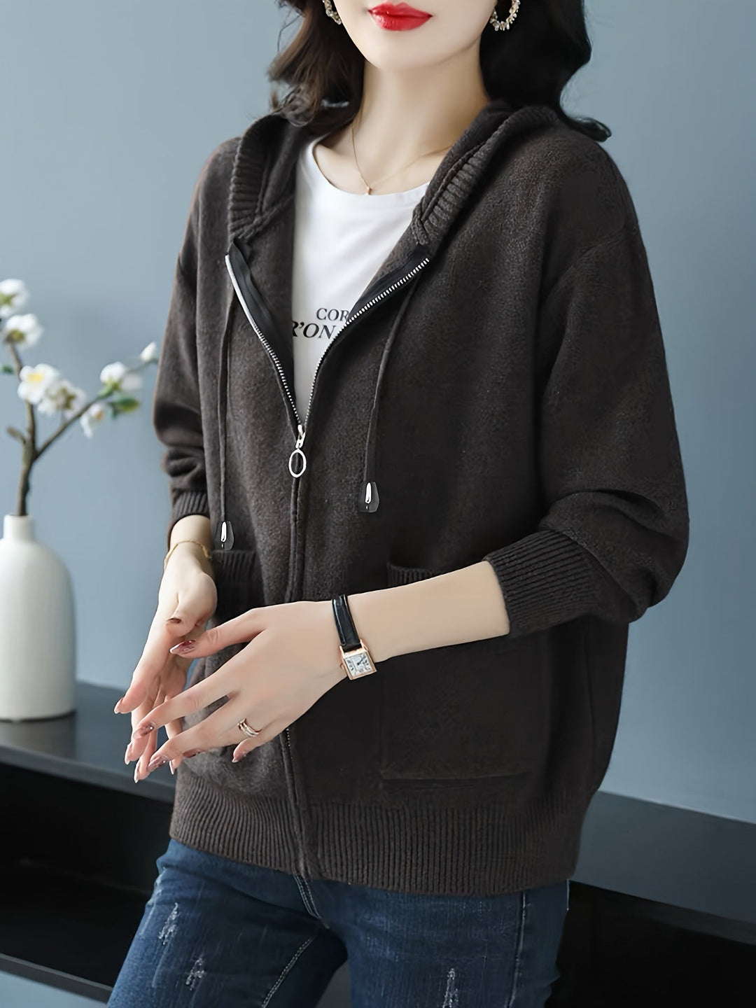 Demelza | Women's Zip-Up Hooded Knitted Cardigan with Pockets