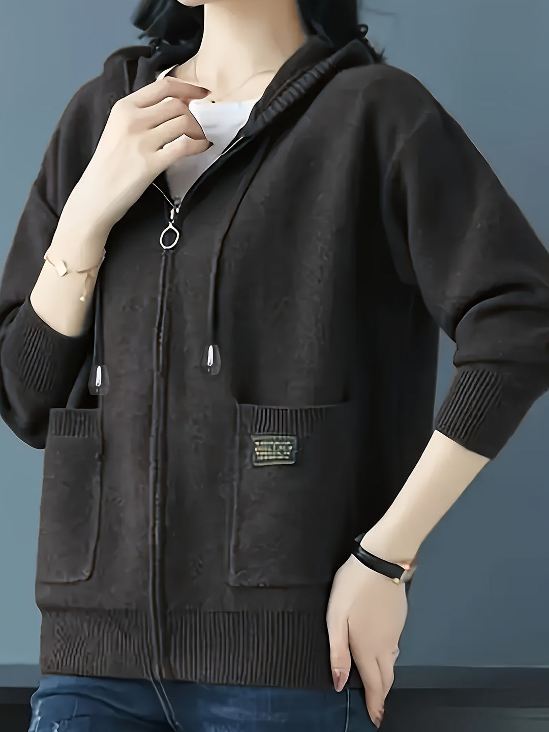 Demelza | Women's Zip-Up Hooded Knitted Cardigan with Pockets