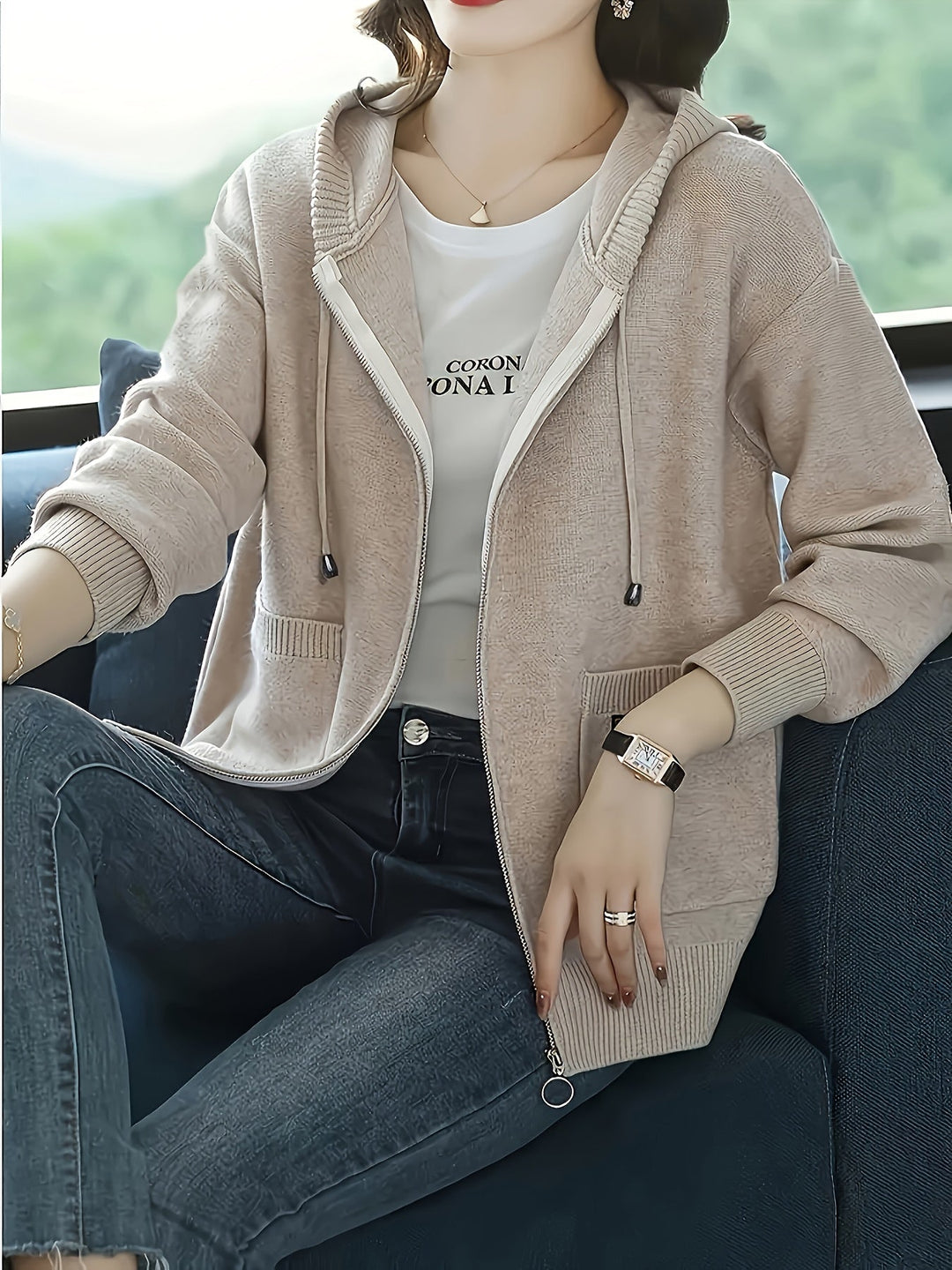 Demelza | Women's Zip-Up Hooded Knitted Cardigan with Pockets