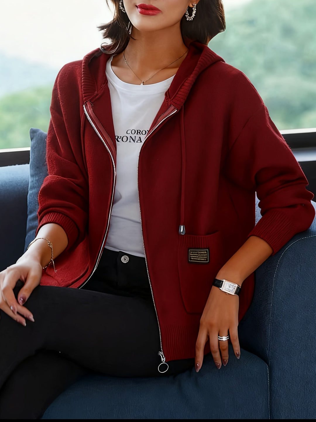 Demelza | Women's Zip-Up Hooded Knitted Cardigan with Pockets